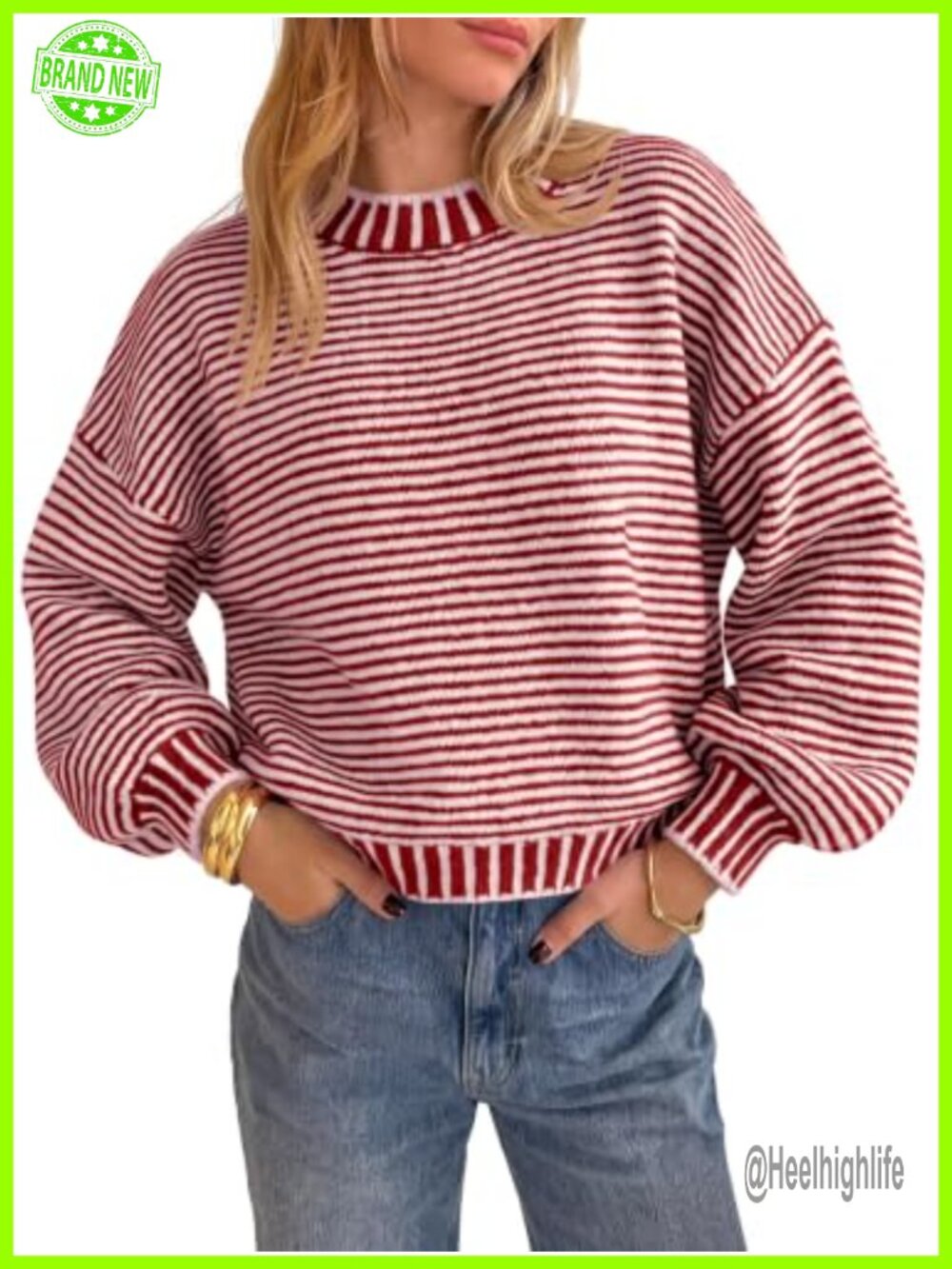 Womens Striped Chunky Knit Sweater Oversized Lantern Sleeve Pullover